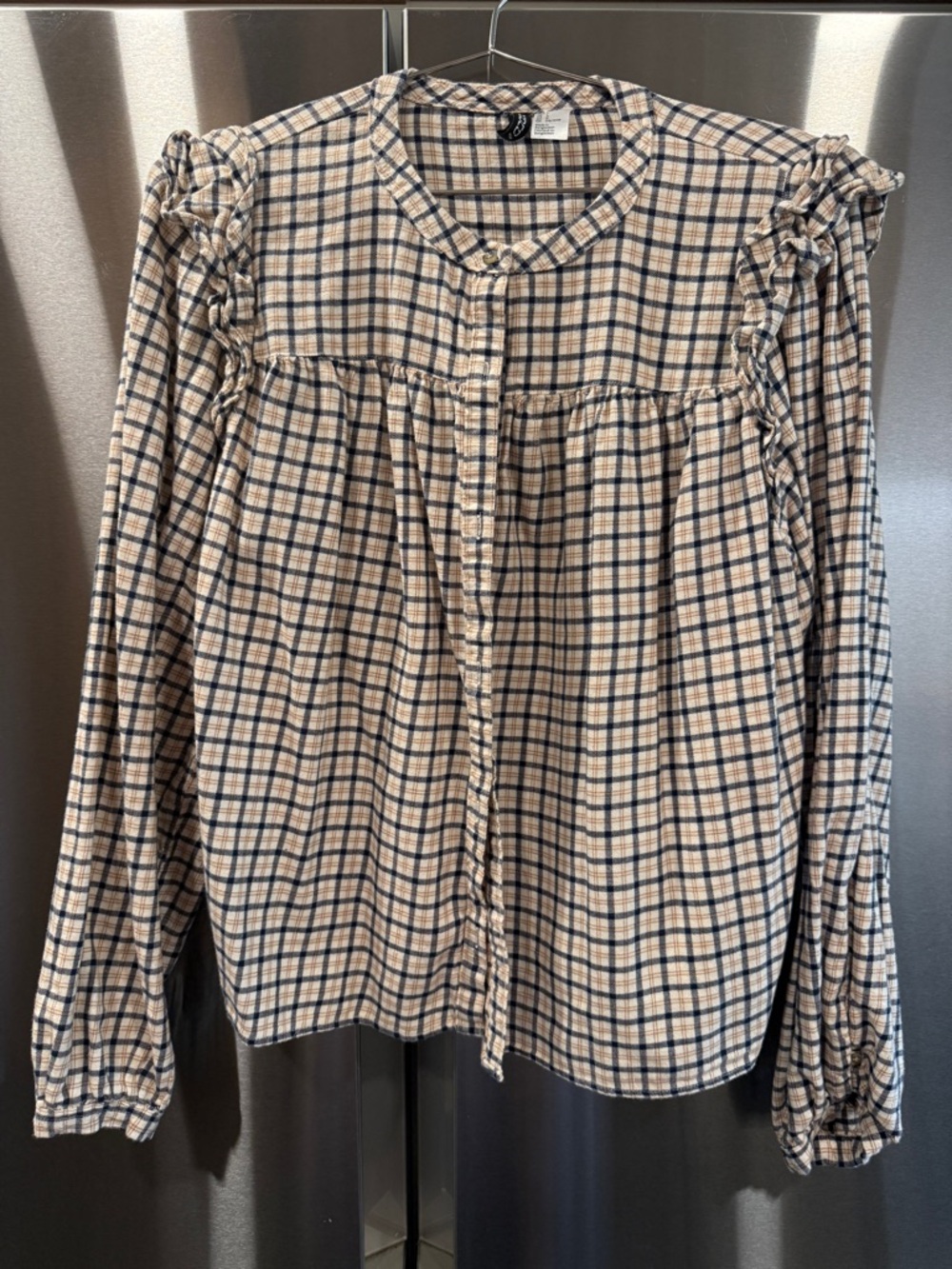 Divided Beige and Navy Plaid Ruffle-Shoulder Button-Down Top